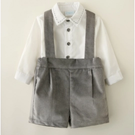 Boy Children Clothing Baby Woven Suit Wear Made of Ivory Shirt and Grey Suspender Short