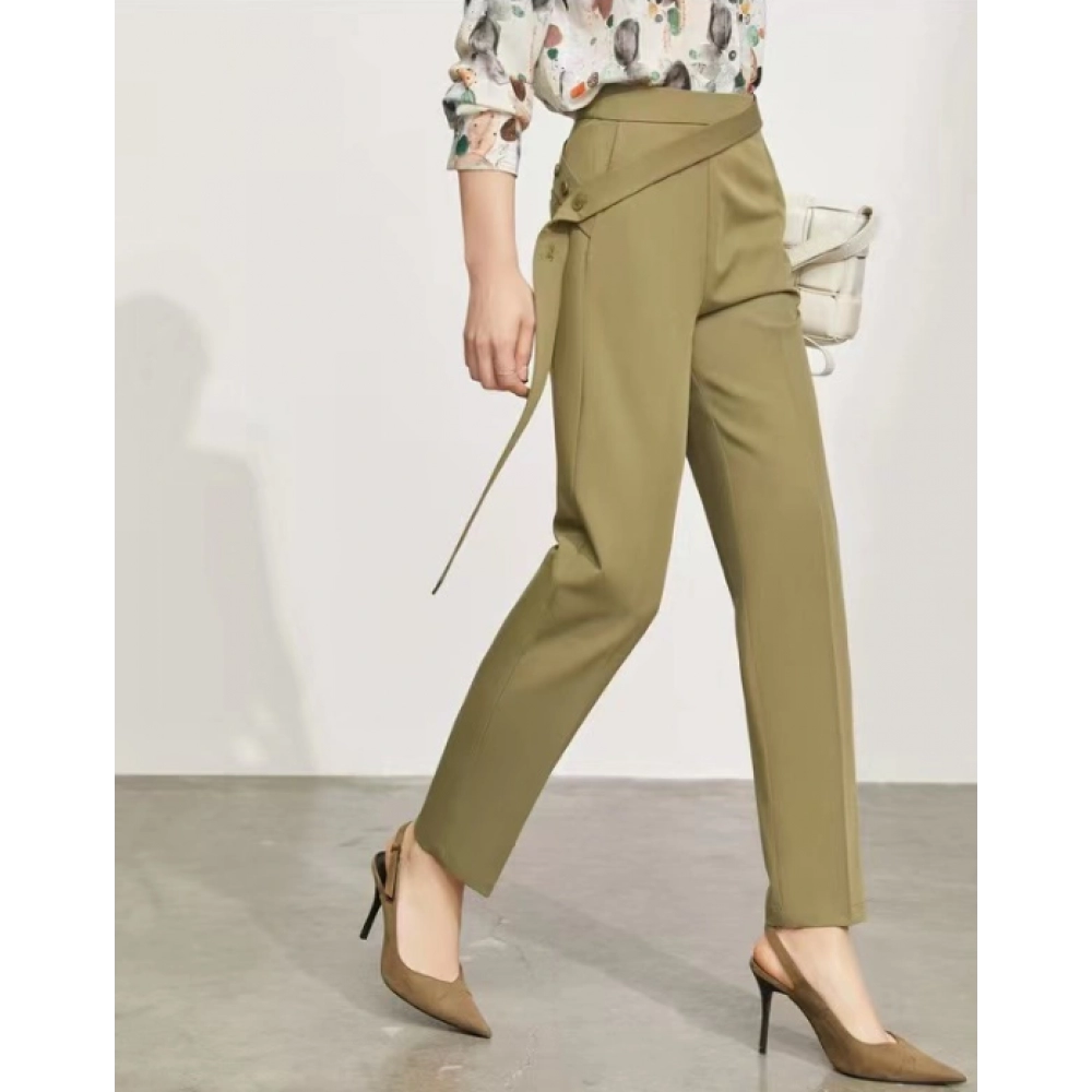 New Simple Design Solid Button Belt Women Nine Minute Suit Pants