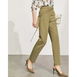 New Simple Design Solid Button Belt Women Nine Minute Suit Pants