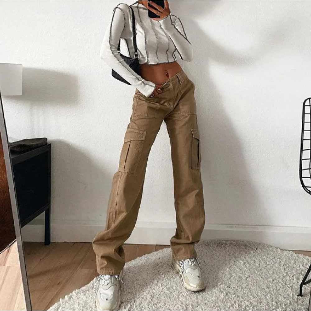 Vintage Brown Loose Trousers Women Wide Leg Cargo Pants Low Waist Straight Denim Jeans Pants