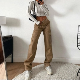 Vintage Brown Loose Trousers Women Wide Leg Cargo Pants Low Waist Straight Denim Jeans Pants