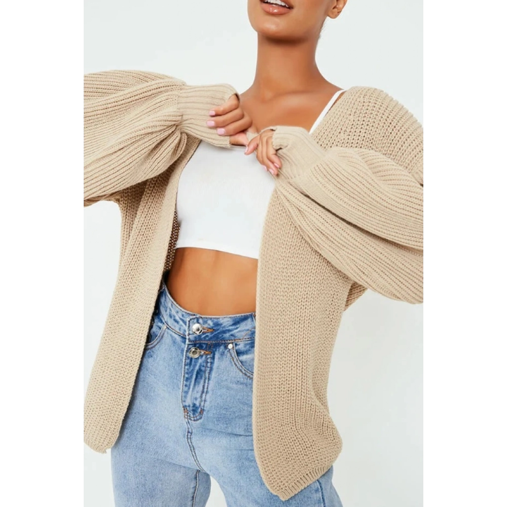 Knitted Cardigan with Long Balloon Sleeves and an Open Front.