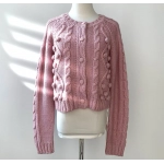 3D Knitting Balls Wool Round Neck Long Sleeved Pink Sweater Cardigan for Women