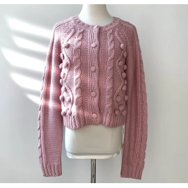 3D Knitting Balls Wool Round Neck Long Sleeved Pink Sweater Cardigan for Women